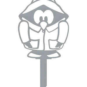 Laser-cut steel garden stake depicting a penguin wearing a sou'wester hat. The design includes detailed cutouts for the penguin’s face and body, with a central pole for easy garden placement. Displayed on a black background to emphasize its whimsical design.